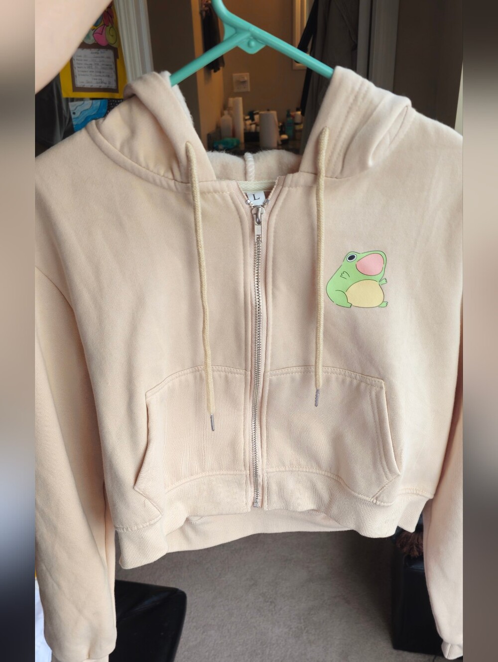 Kids Cropped Zip Hoodie with Frog Graphic - Cream